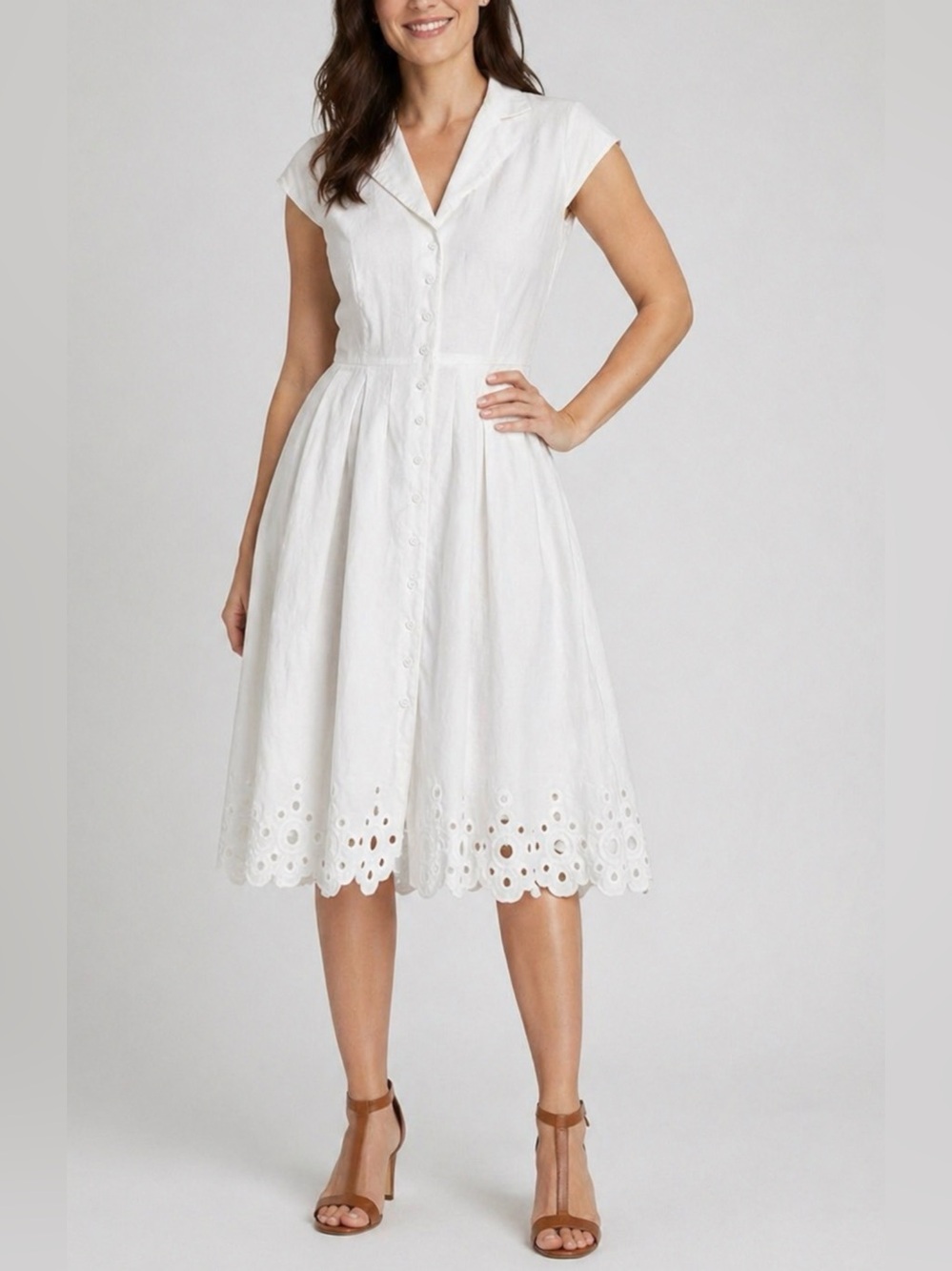 Jones New York White Linen Eyelet Shirt Dress Size 4 Button Front Midi - Picture 1 of 11